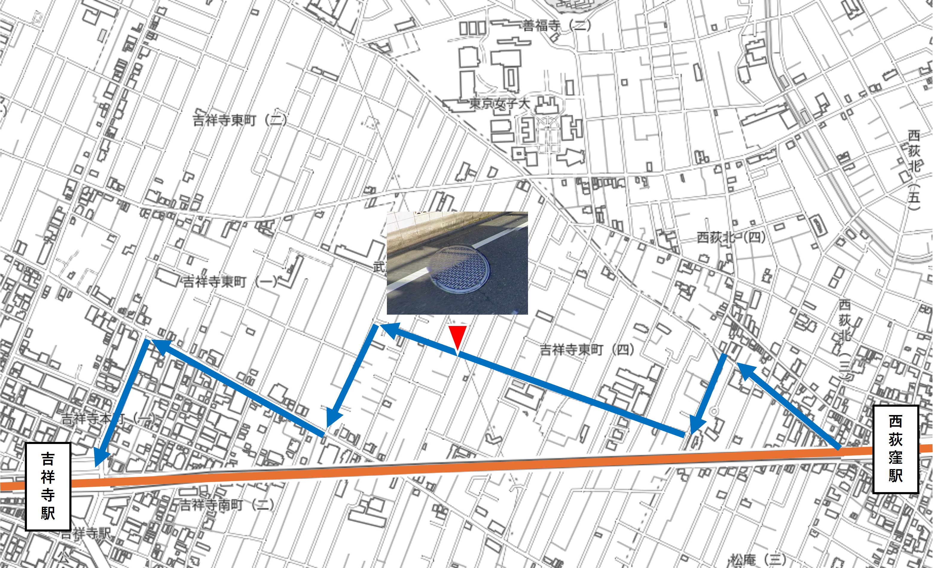 西荻窪駅、吉祥寺駅周りの地図と筆者が初めて見つけたJRマンホール。周りにJRの施設がないにもかかわらず、住宅街に突如現れたJRマンホール