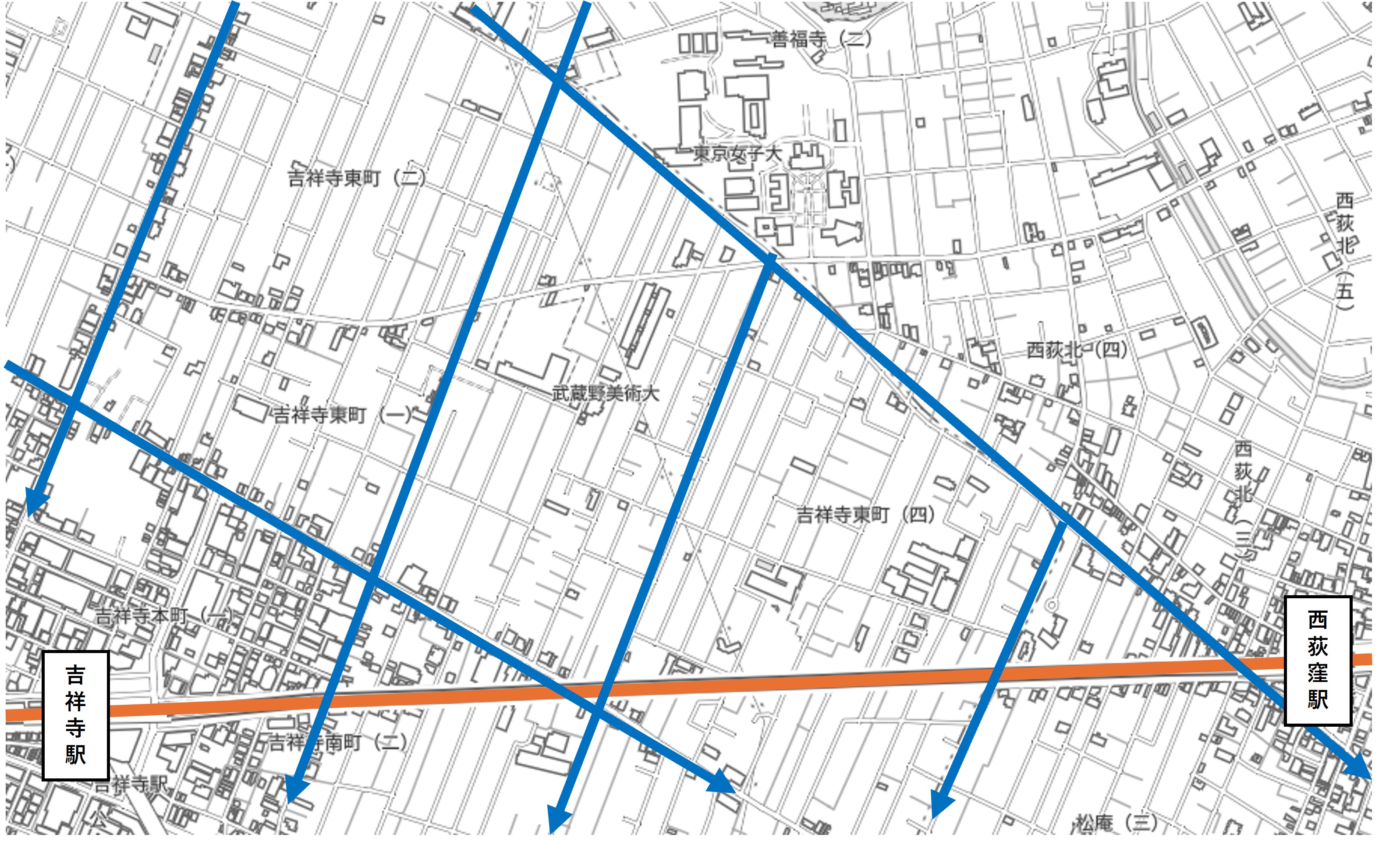 西荻窪駅、吉祥寺駅周りの地図。中央線の周りは一般道と斜めに交わっている。